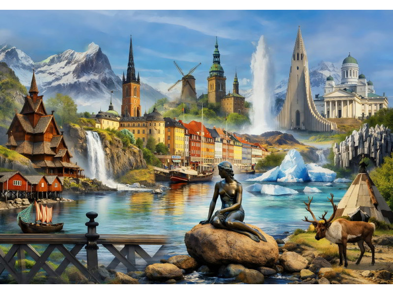 Nordic Mythic Journey Scandinavian Landmarks Fantasy Collage - AI Art Wall Mural for Contemporary Interiors