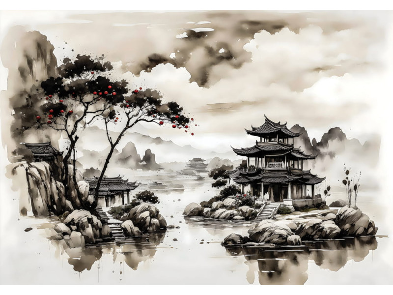 Tranquil Pagoda Reflections - AI Art Wall Mural for Contemporary Interiors
