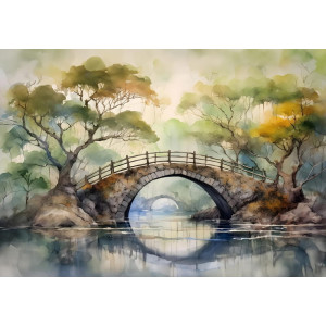 Stone Bridge Over Peaceful River Mural - AI Art Wall Mural for Contemporary Interiors