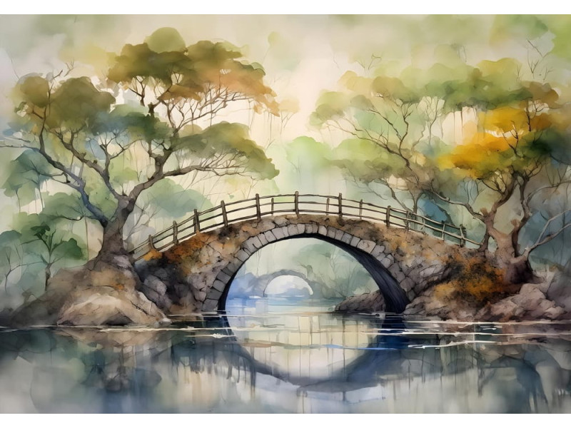 Stone Bridge Over Peaceful River Mural - AI Art Wall Mural for Contemporary Interiors