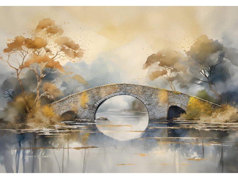 Stone Bridge Over Tranquil River Mural - AI Art Wall Mural for Contemporary Interiors