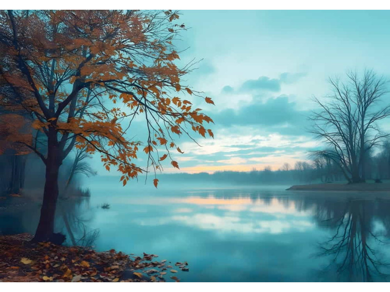 Misty Teal Lake - AI Art Wall Mural for Contemporary Interiors
