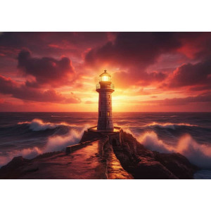 Lighthouse in Crimson Fire - AI Art Wall Mural for Contemporary Interiors | Wall4Soul