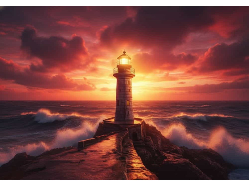 Lighthouse in Crimson Fire - AI Art Wall Mural for Contemporary Interiors