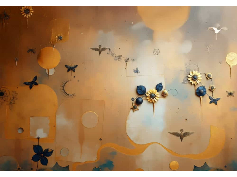 Golden Pollination Nature Scene - Botanical AI Wall Mural
