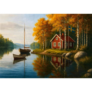 Swedish Autumn Retreat - AI Art Wall Mural for Contemporary Interiors