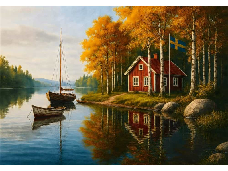 Swedish Autumn Retreat - AI Art Wall Mural for Contemporary Interiors