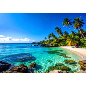 Lush Tropical Beach Lagoon - AI Art Wall Mural for Contemporary Interiors