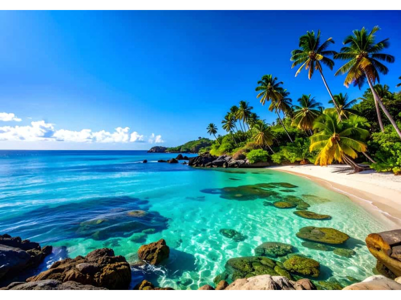 Lush Tropical Beach Lagoon - AI Art Wall Mural for Contemporary Interiors