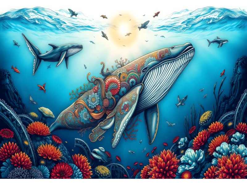 Whale of Wonders - AI Art Wall Mural for Contemporary Interiors Whale of Wonders - AI Art Wall Mural for Contemporary Interiors