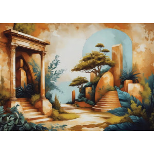 Serene Temple Garden - AI Art Wall Mural for Contemporary Interiors