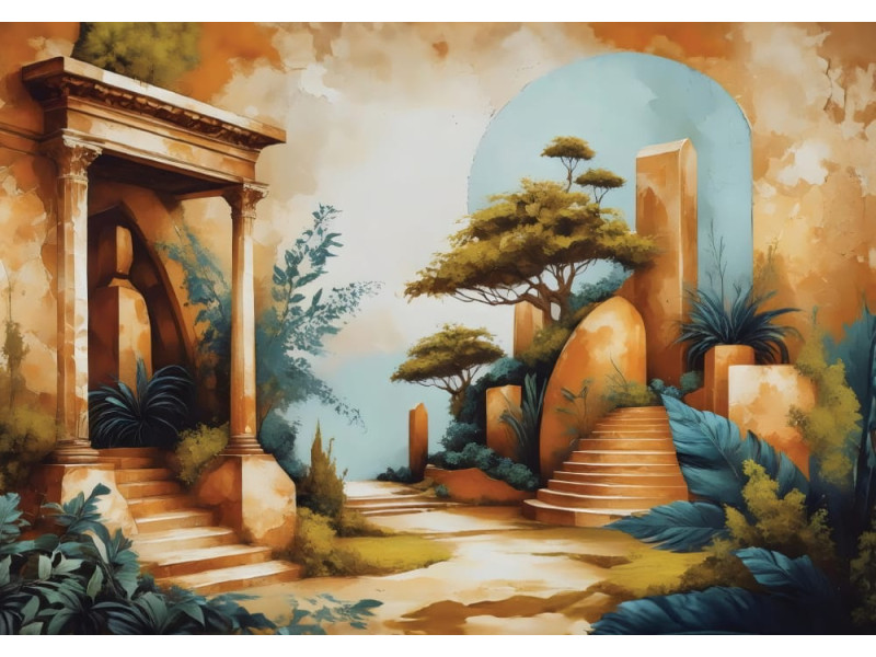 Serene Temple Garden - AI Art Wall Mural for Contemporary Interiors