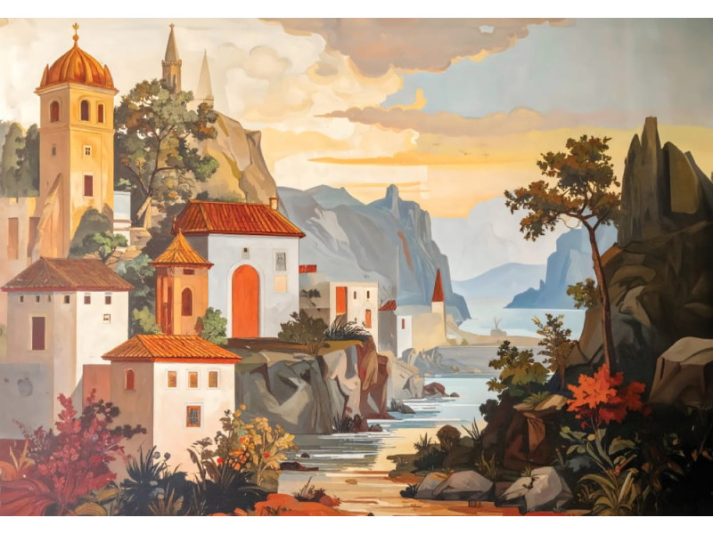 Mediterranean Village - AI Art Wall Mural for Contemporary Interiors
