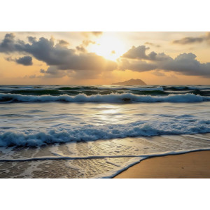 Island Sunset Waves - AI Art Wall Mural for Contemporary Interiors