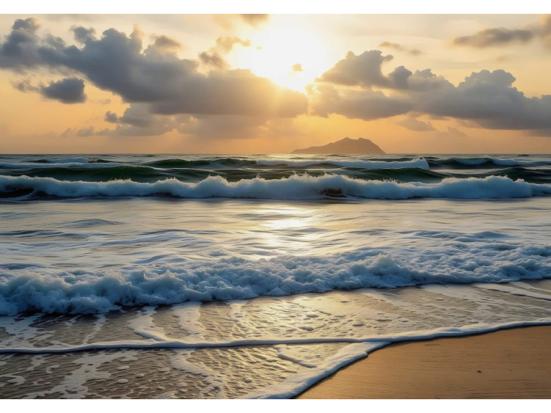 Island Sunset Waves - AI Art Wall Mural for Contemporary Interiors