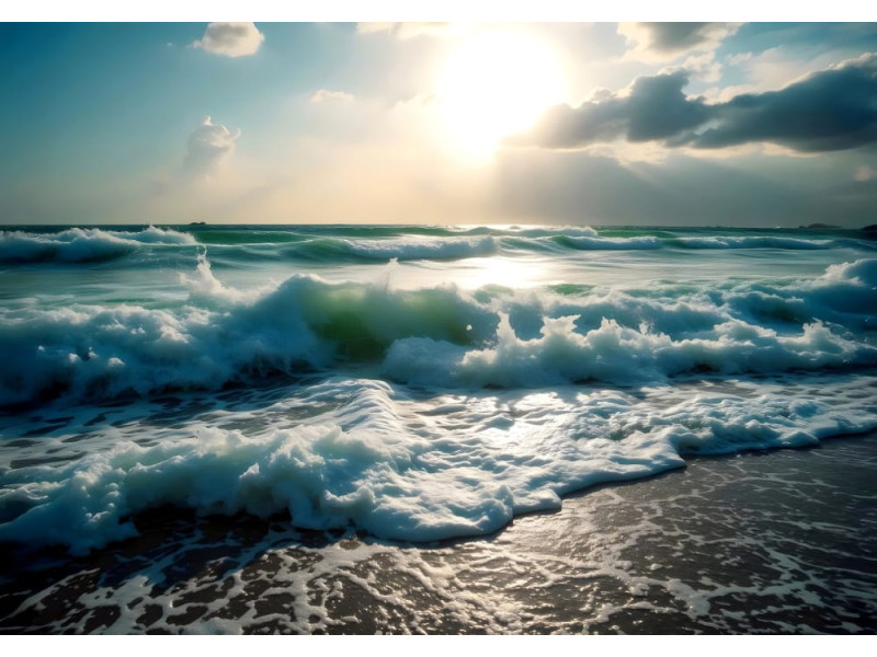 Emerald Glow Ocean Waves - AI Art Wall Mural for Contemporary Interiors