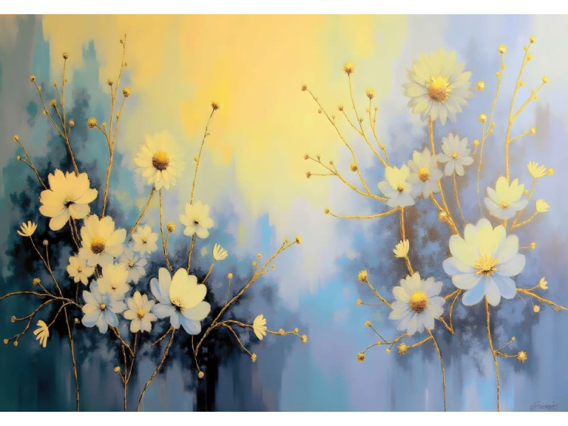 Vibrant Blue & Gold Floral - AI Art Wall Mural for Contemporary Interiors