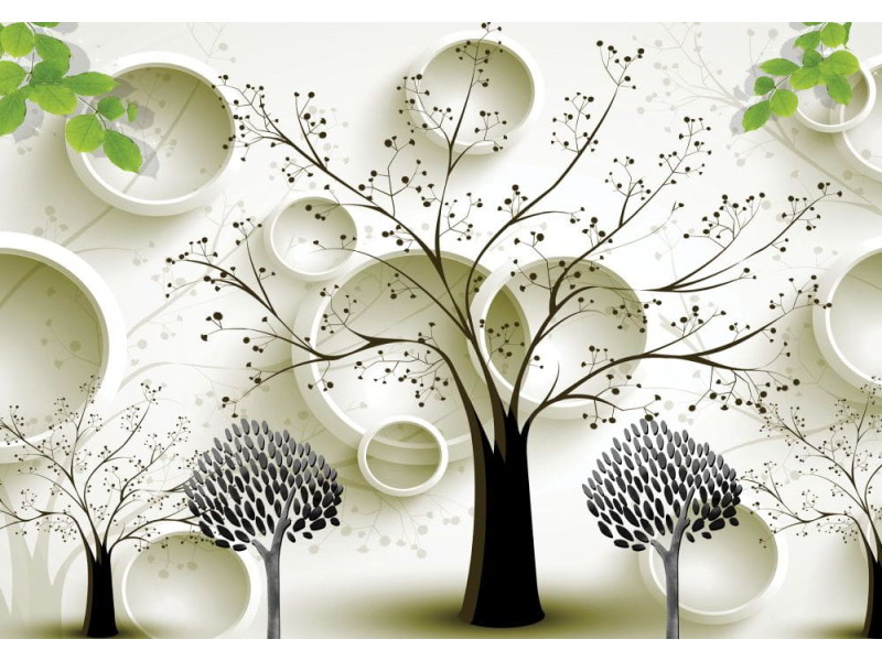 3D Chinese Style Trees & Circles - Classic Wall Mural for Modern Interiors