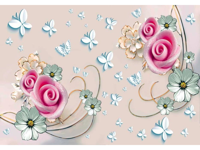 3D Soft Flowers on Beige - Classic Wall Mural for Modern Interiors