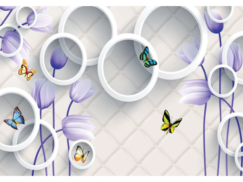 3D Violet Flowers & Butterflies - Classic Wall Mural for Modern Interiors