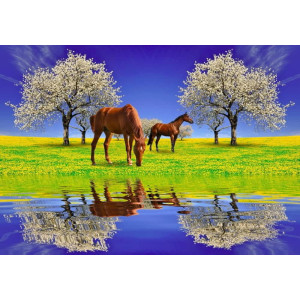 Blooming Cherry Tree with Horses - Classic Wall Mural for Modern Interiors Blooming Cherry Tree with Horses - Classic Wall Mural for Modern Interiors | Wall4Soul