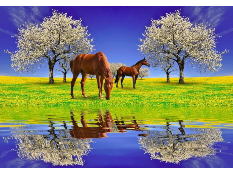 Blooming Cherry Tree with Horses - Classic Wall Mural for Modern Interiors Blooming Cherry Tree with Horses - Classic Wall Mural for Modern Interiors