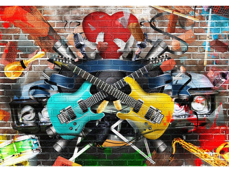 Music & Colors Brick Wall Collage - Classic Wall Mural for Modern Interiors