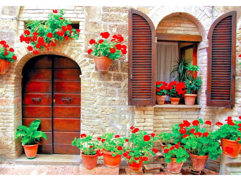 Italian House with Potted Flowers - Classic Wall Mural for Modern Interiors Italian House with Potted Flowers - Classic Wall Mural for Modern Interiors